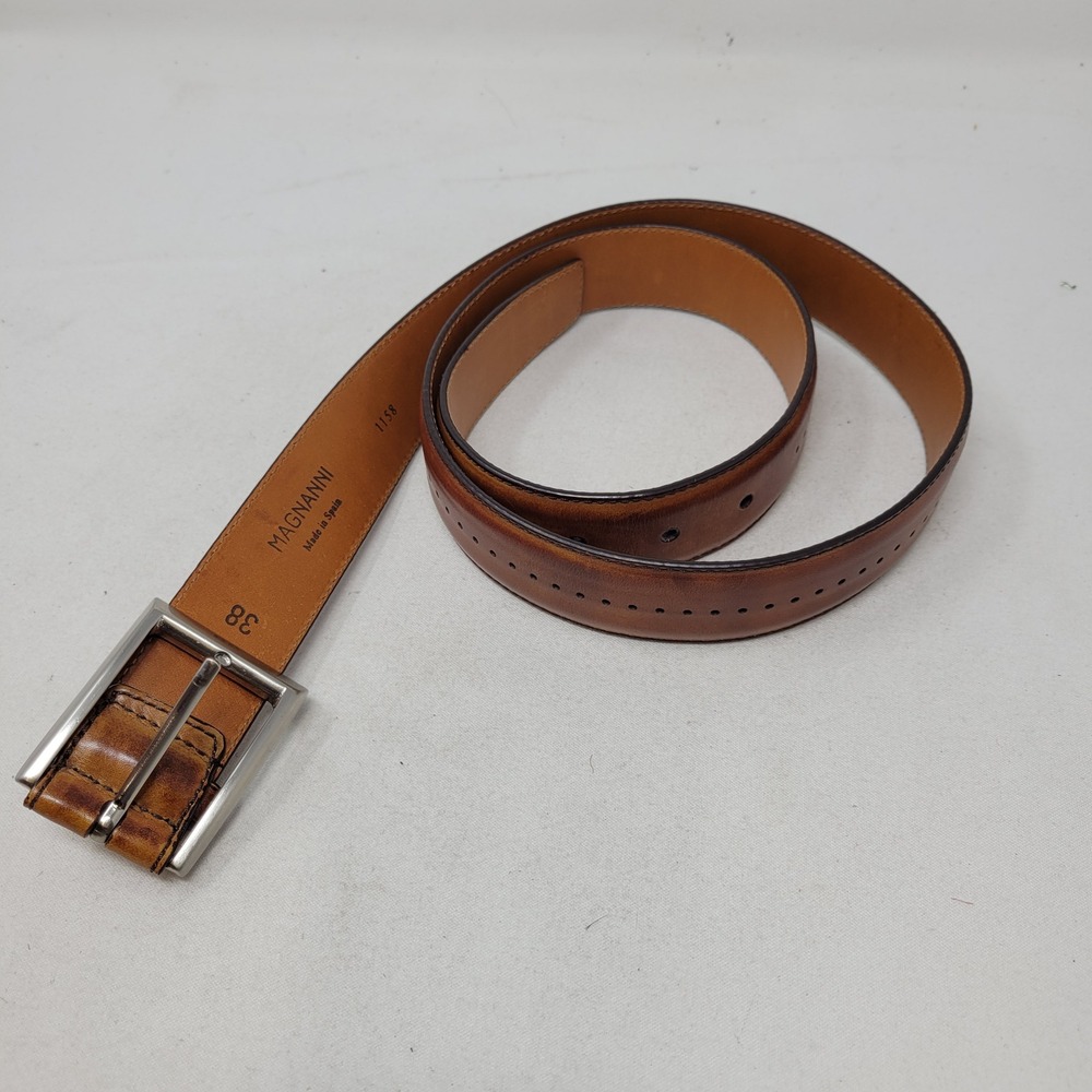 Magnanni Belt Size 38 Mens Cognac Brown Leather Made in Spain 1158 Burnished